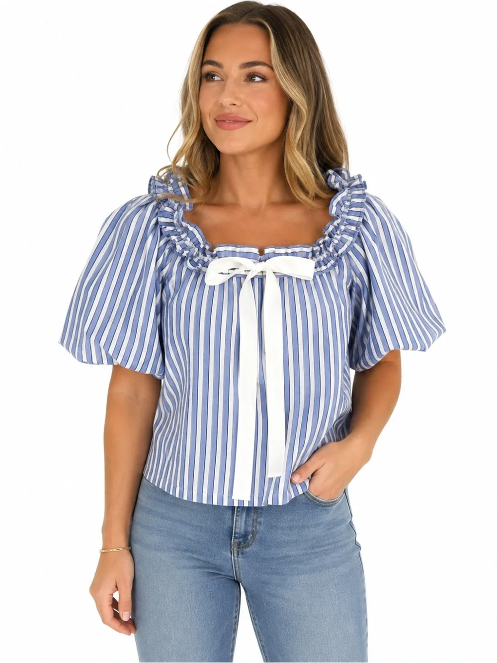 J. Crew Blue and White Striped Puff-Sleeve Peasant Top with Front Bow